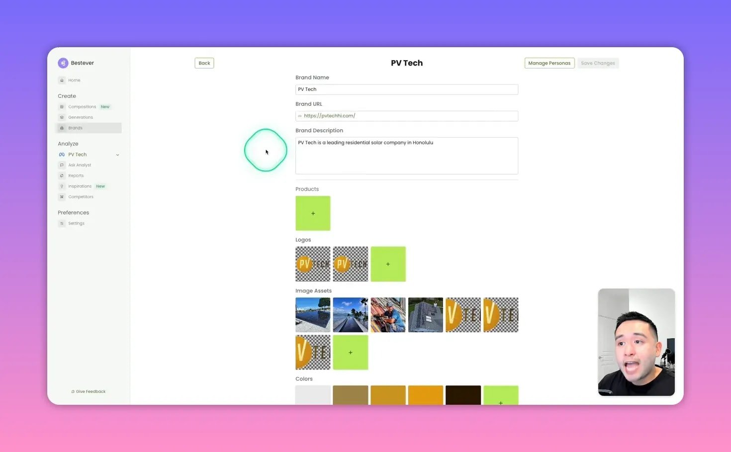 Bestever 'Brand' settings screen for 'PV Tech' showing Brand Name, Brand URL, Brand Description, logos, image assets and color blocks with the app sidebar and small presenter inset.