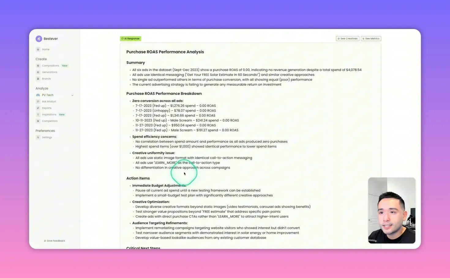 Full Bestever AI-generated Purchase ROAS Performance Analysis showing summary, detailed breakdown and action items