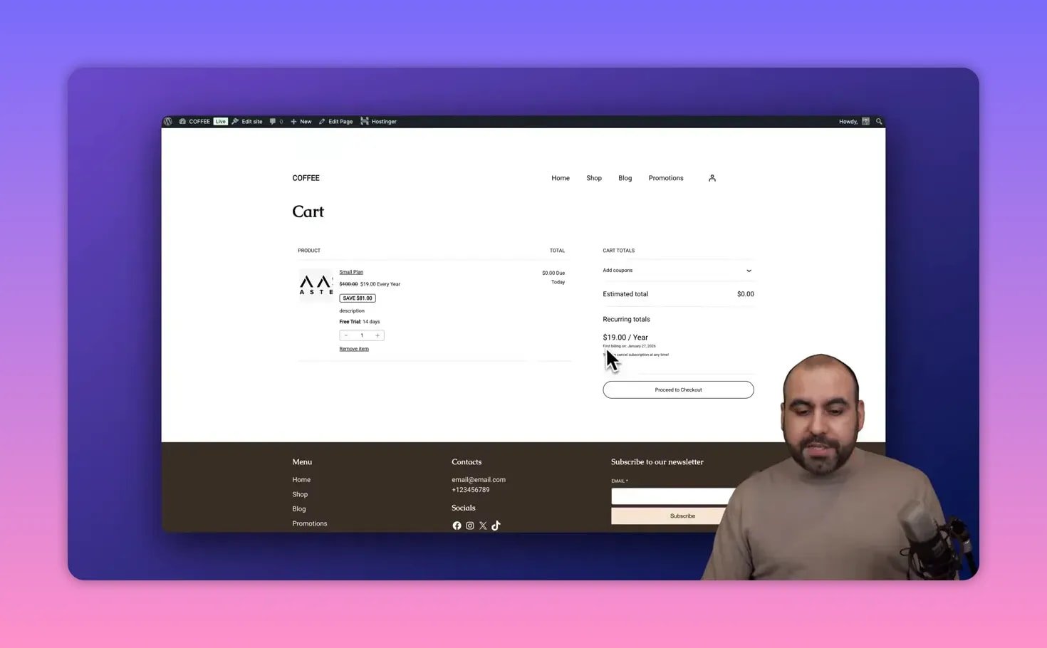 WooCommerce cart showing recurring totals ($19.00/Year) and the first billing date