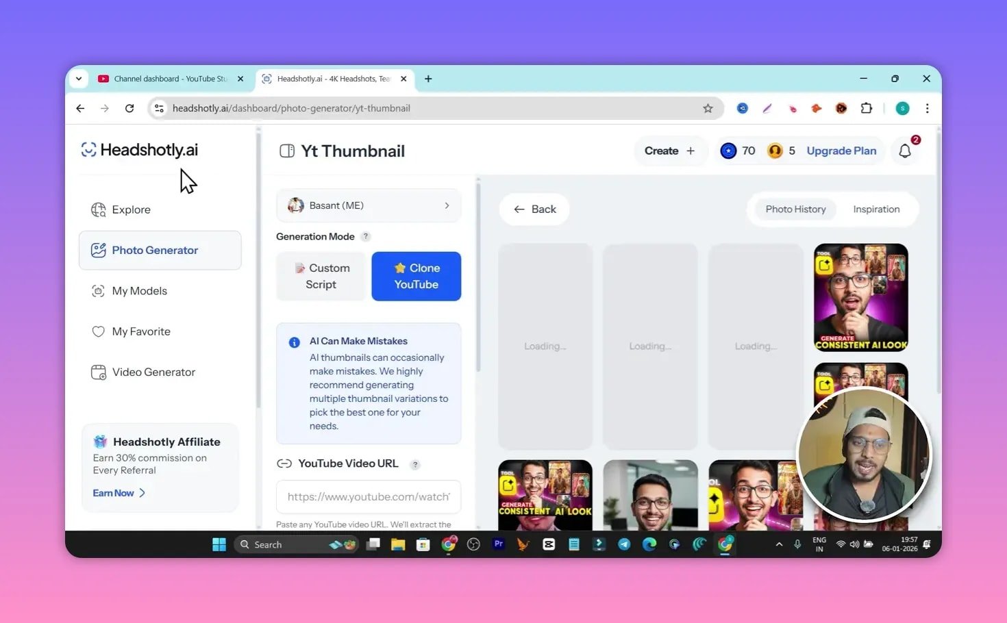 High-clarity screenshot of Headshotly's Yt Thumbnail page with the Photo Generator menu, 'Clone YouTube' option and visible sample thumbnail previews.