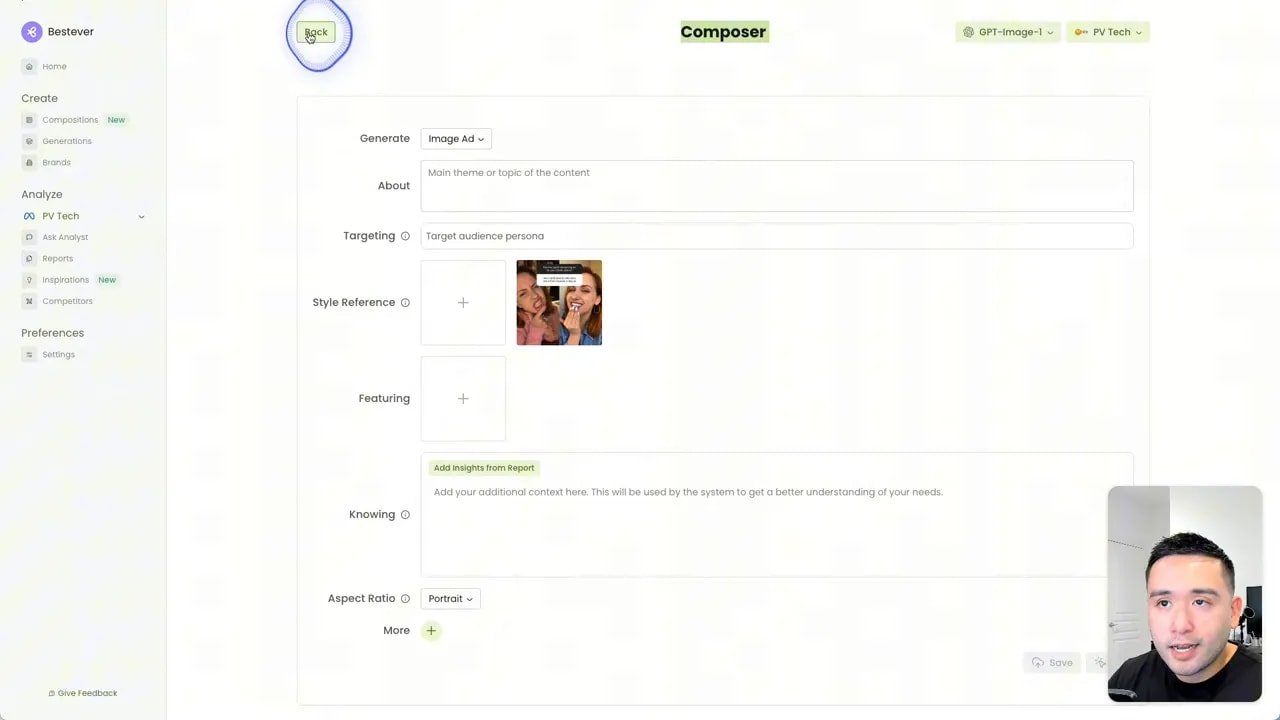 Bestever composer screen with 'Generate: Image Ad' selected and style reference thumbnail visible