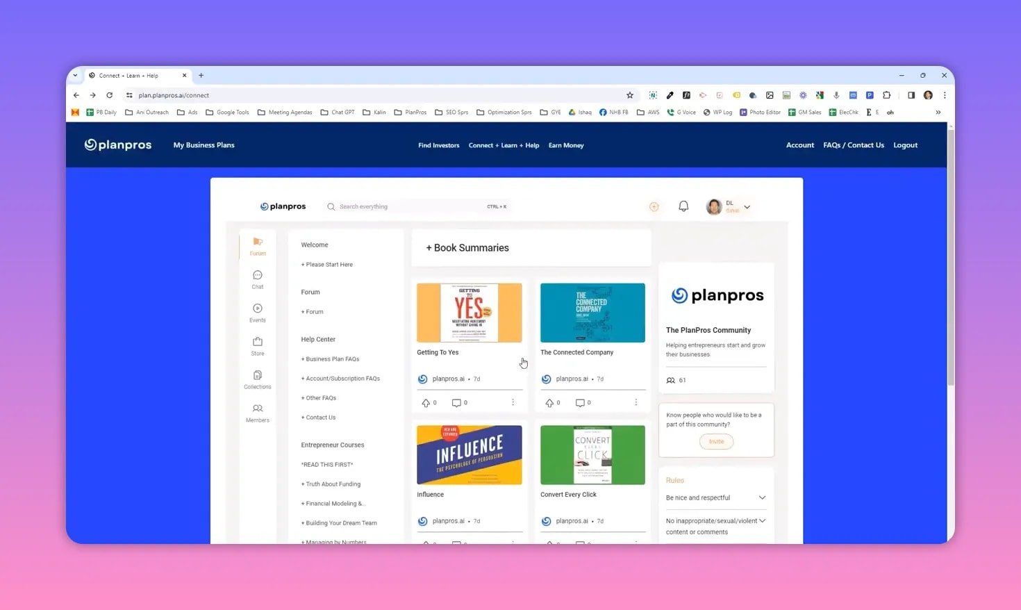 Full view of the PlanPros Connect & Learn dashboard with sidebar navigation, book summary cards, and header