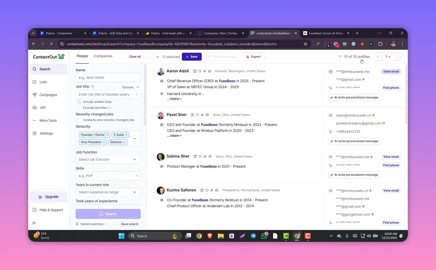 ContactOut people search results listing multiple profiles with names, roles and partial contact details, left-side search filters visible