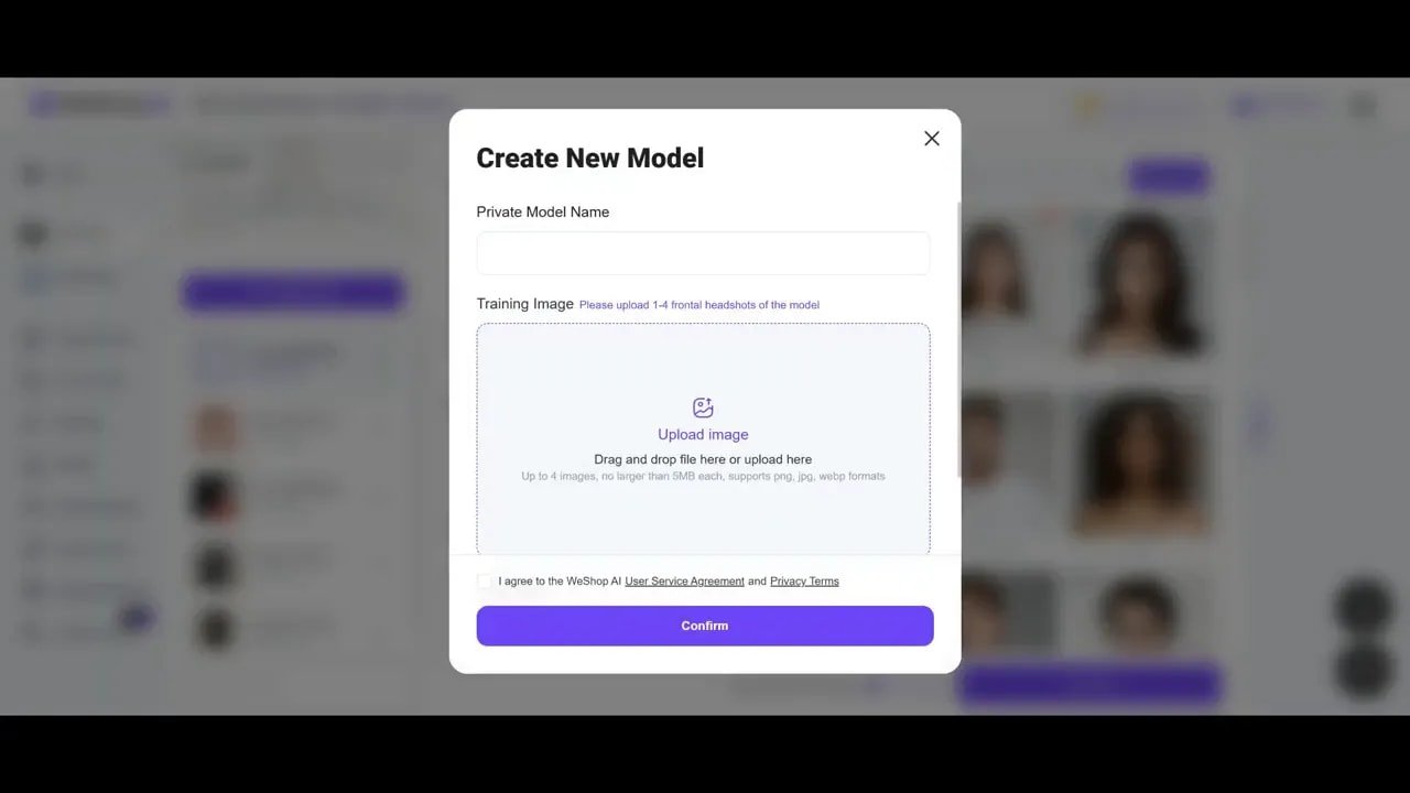 Weshop AI 'Create New Model' upload dialog showing a drag-and-drop area for headshots and a confirm button