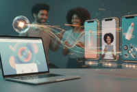 Stylized illustration of AI converting a product page into multiple UGC-style vertical video ads: laptop, glowing AI data stream, three smartphones with creator clips, caption bars and audio waveforms (no text).