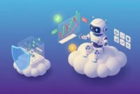 Illustration of a beginner-friendly crypto trading bot in the cloud automating trades, with a marketplace of strategy tiles and a virtual testing sandbox for risk-free testing