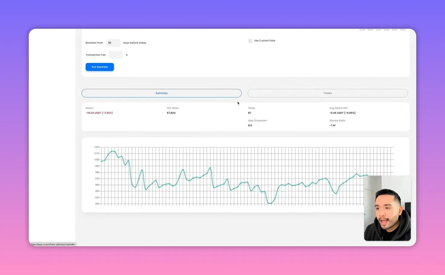 CryptoHero backtest results summary showing return, win/loss ratio, deals, max drawdown and an equity curve chart with a presenter video overlay.