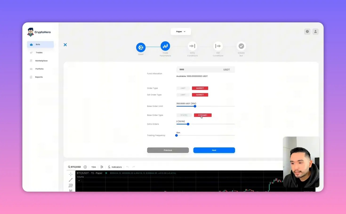 CryptoHero bot setup screen with base order type highlighted as Dynamic, order type buttons and sliders visible