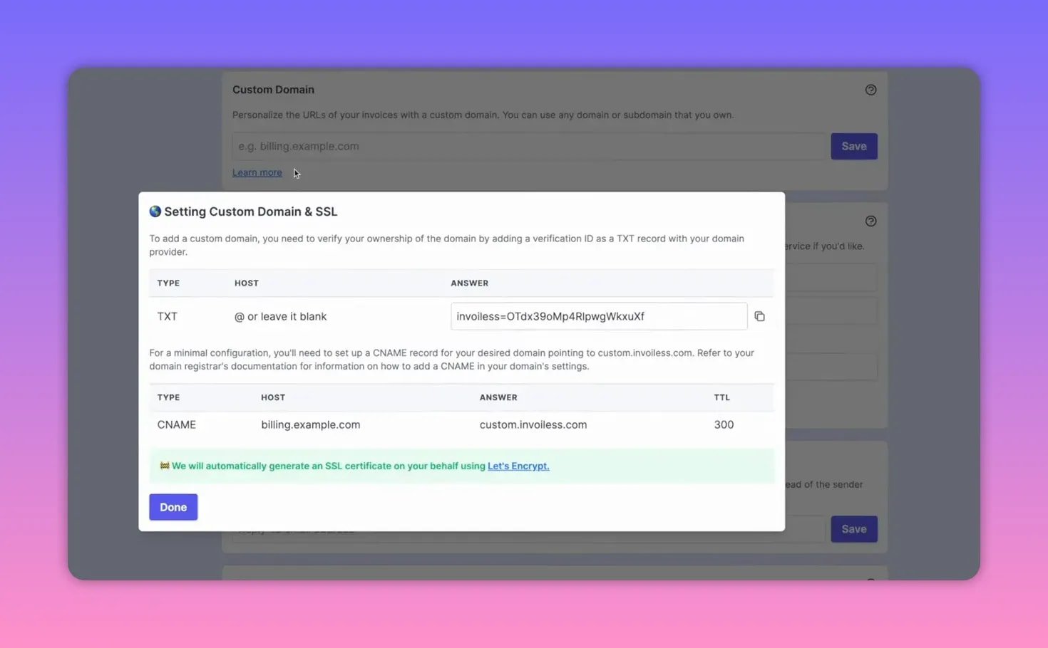 Custom domain setup dialog showing TXT record value and CNAME target for billing.example.com