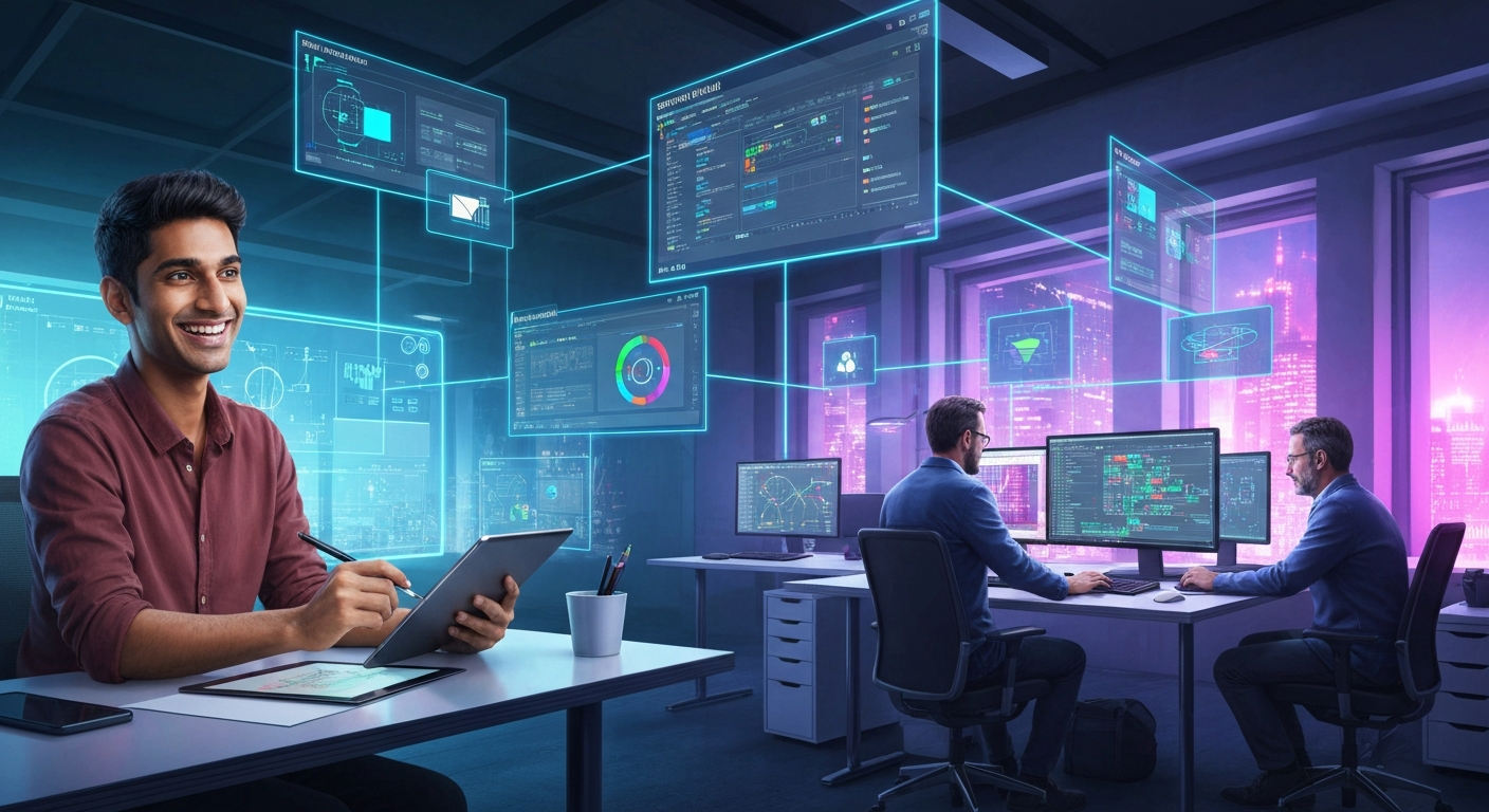 Futuristic digital workspace animation