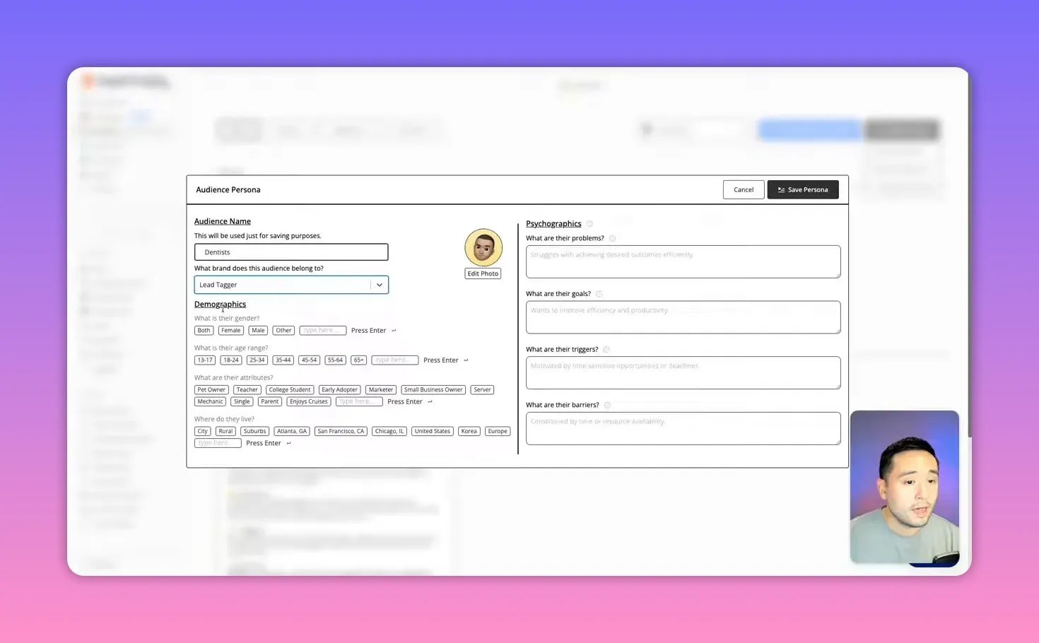 SuperCopy persona editor showing 'Dentists' as the audience name, 'Lead Tagger' selected for brand, demographic tags and psychographic fields visible with a presenter overlay.