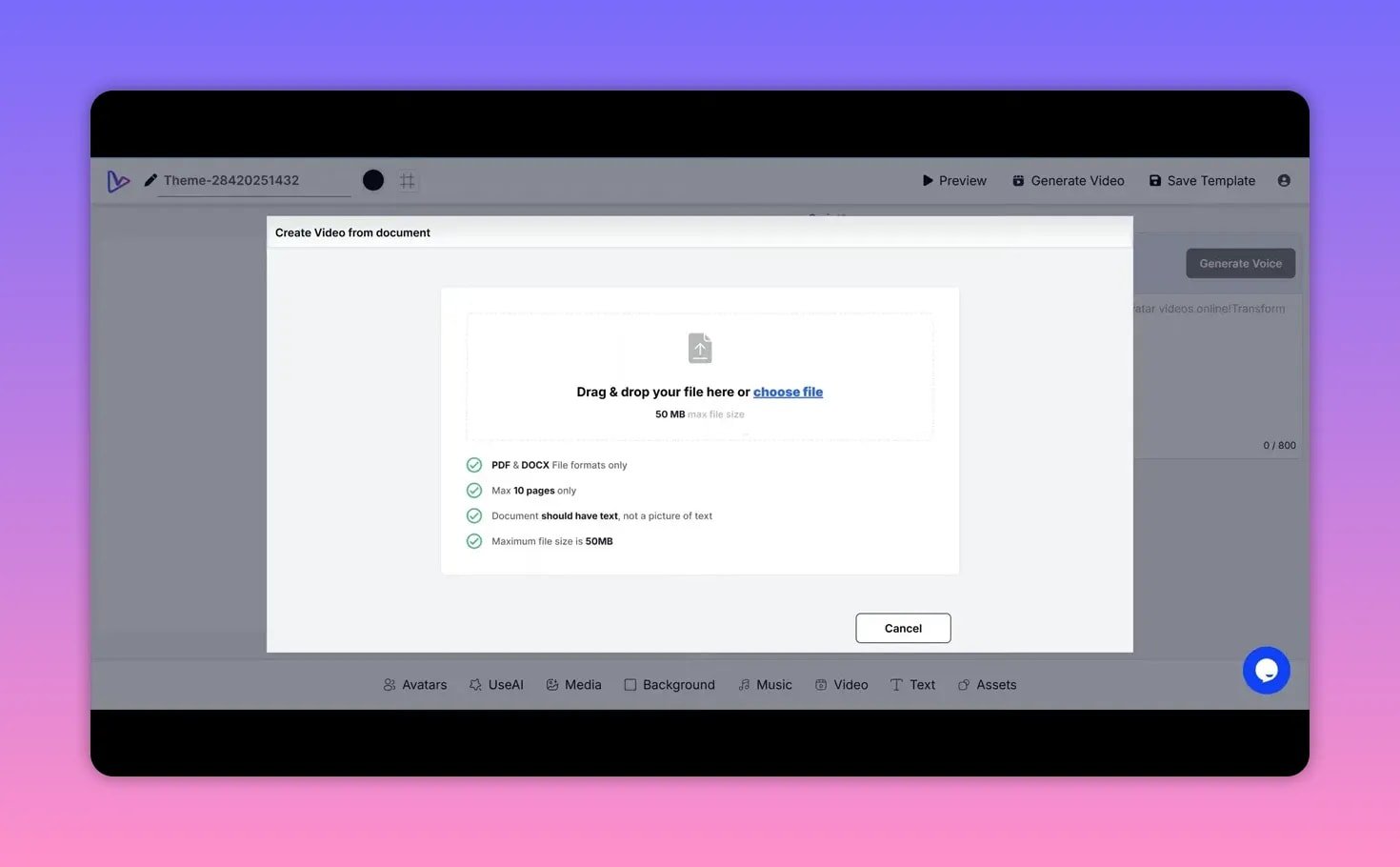 clear view of vidBoard 'Create Video from document' upload modal showing 50MB and max 10 pages notes