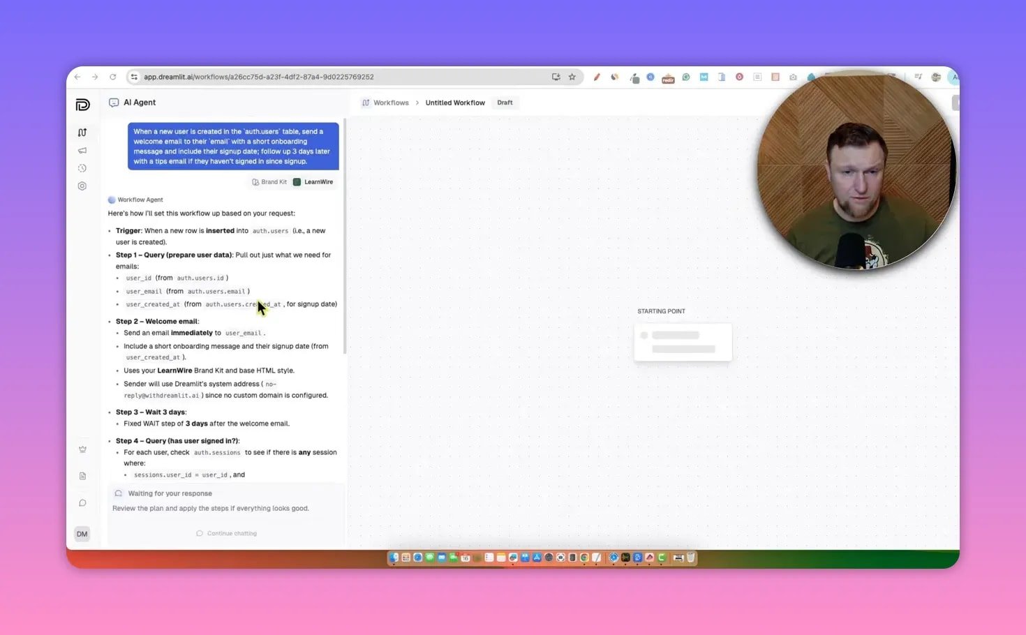 واجهة مستخدم Dreamlit تعرض فقاعة ملخص الوكيل المميزة في الأعلى وقائمة واضحة وقابلة للقراءة لخطوات سير العمل (التشغيل، والاستعلام، ورسالة البريد الإلكتروني الترحيبية، والانتظار، والمتابعة) في اللوحة اليسرى مع طبقة العرض التقديمي.