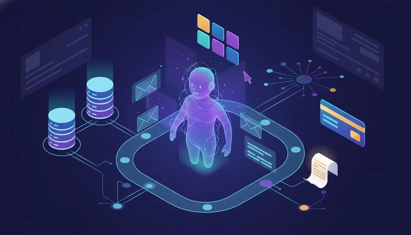 رسم توضيحي لمساعد ذكاء اصطناعي متوهج يقوم بترتيب مغلفات البريد الإلكتروني في سير عمل متصل بمجموعات قواعد بيانات مجردة وبطاقة دفع، مما يرمز إلى أتمتة البريد الإلكتروني SaaS.