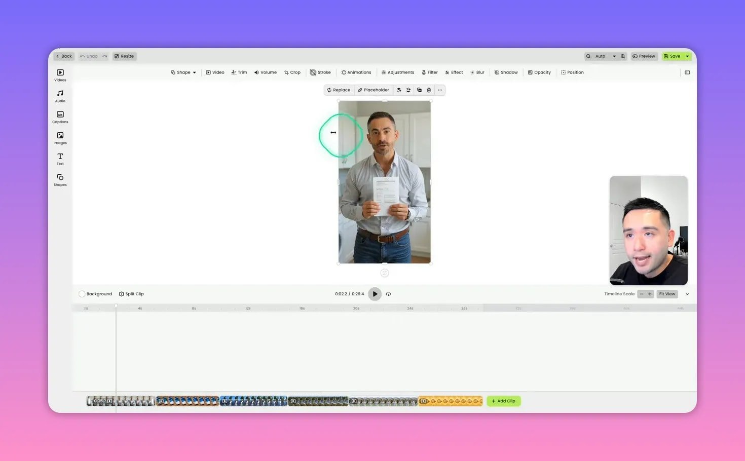 Video editor with actor clip selected (bounding handles visible) and presenter's webcam in the corner, showing clip resize/selection tools.