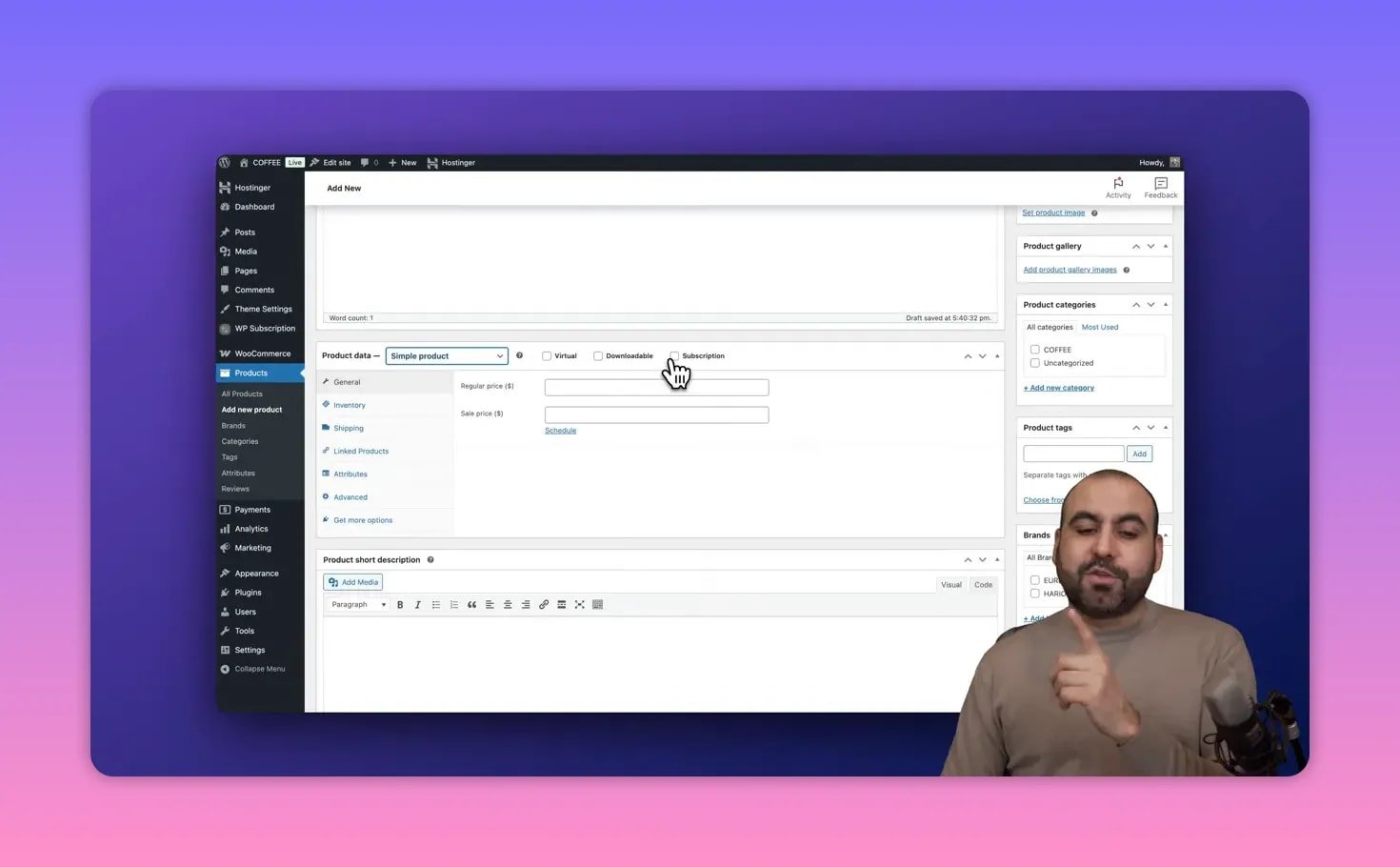 WooCommerce product data panel with the 'Subscription' checkbox highlighted, showing where to enable recurring billing for a product.