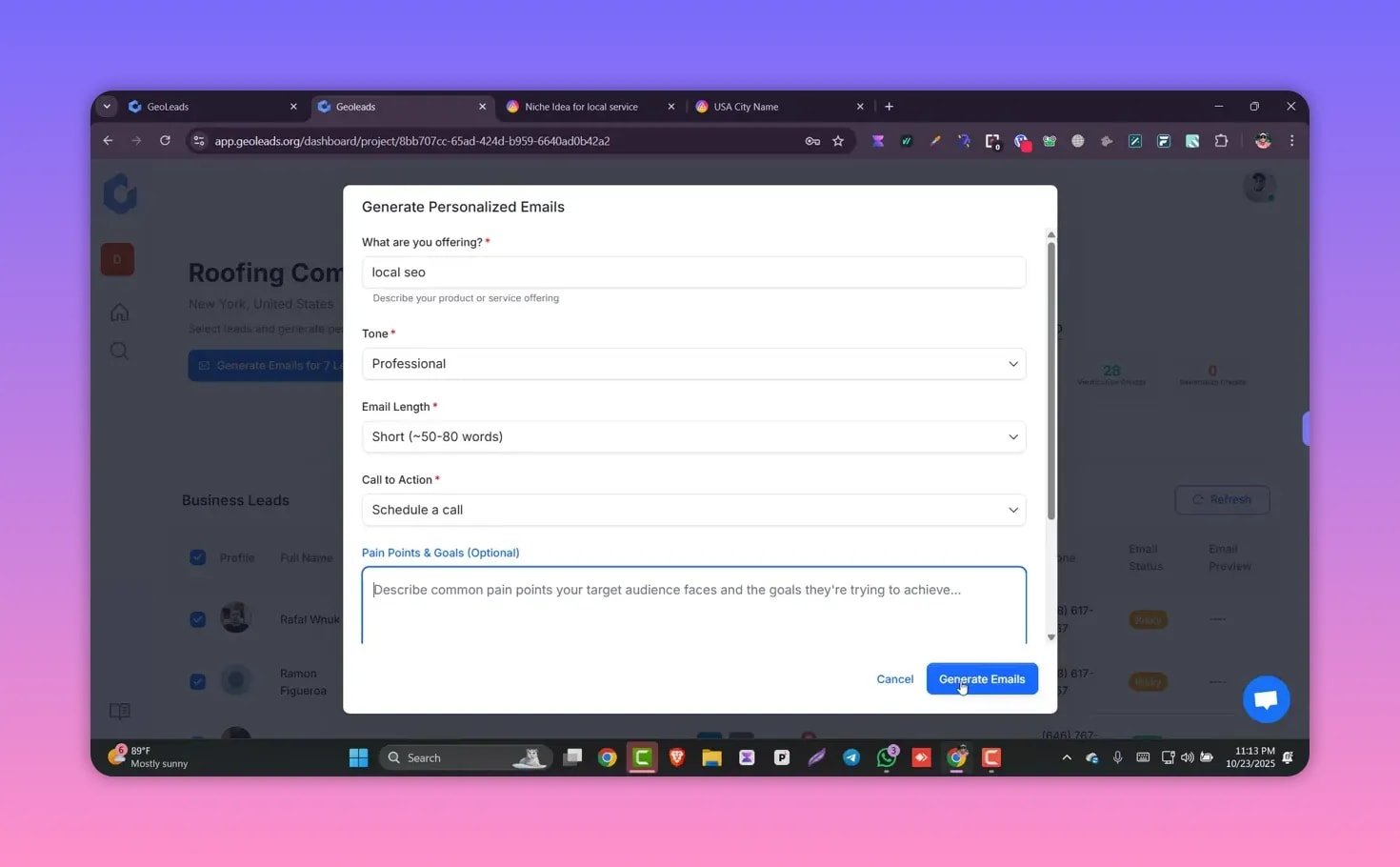 Geoleads AI email writer screen with 'What are you offering?', tone, email length and a visible Generate Emails button.