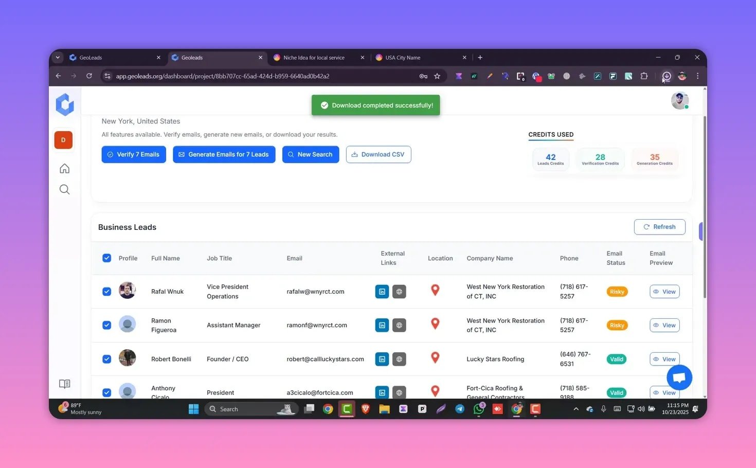 Geoleads dashboard showing a green 'Download completed successfully!' notification over the business leads table and the Download CSV button.