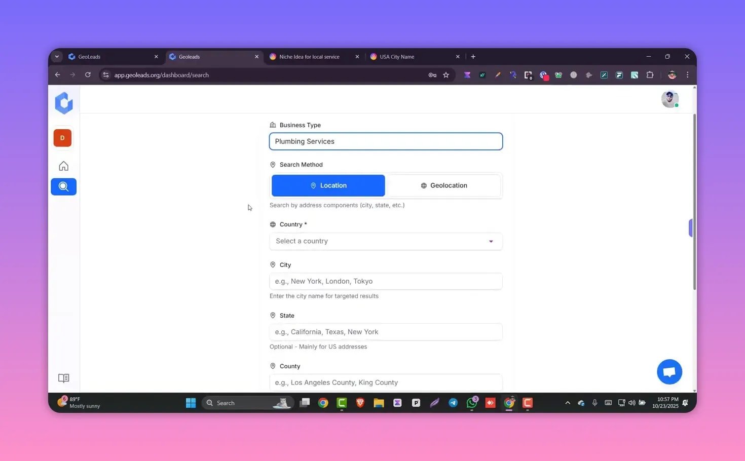 Geoleads 'Find Business Leads' form with 'Plumbing Services' entered in Business Type and Location selected as the search method.