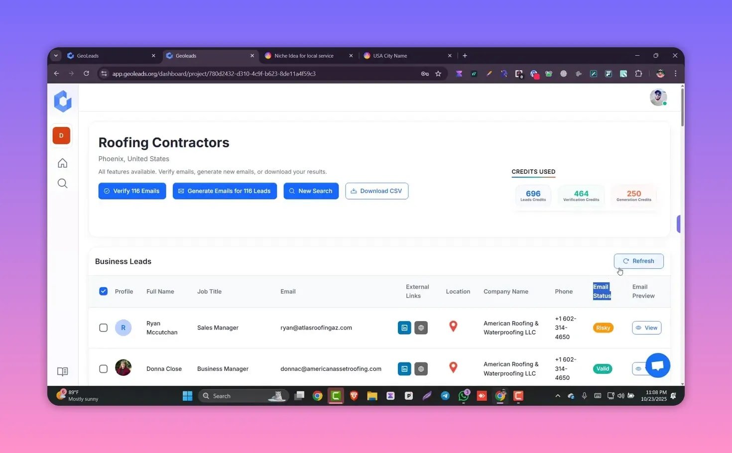 GeoLeads dashboard with 'Verify 116 Emails' and 'Generate Emails for 116 Leads' buttons visible above the business leads table; email status column shows Valid and Risky tags.
