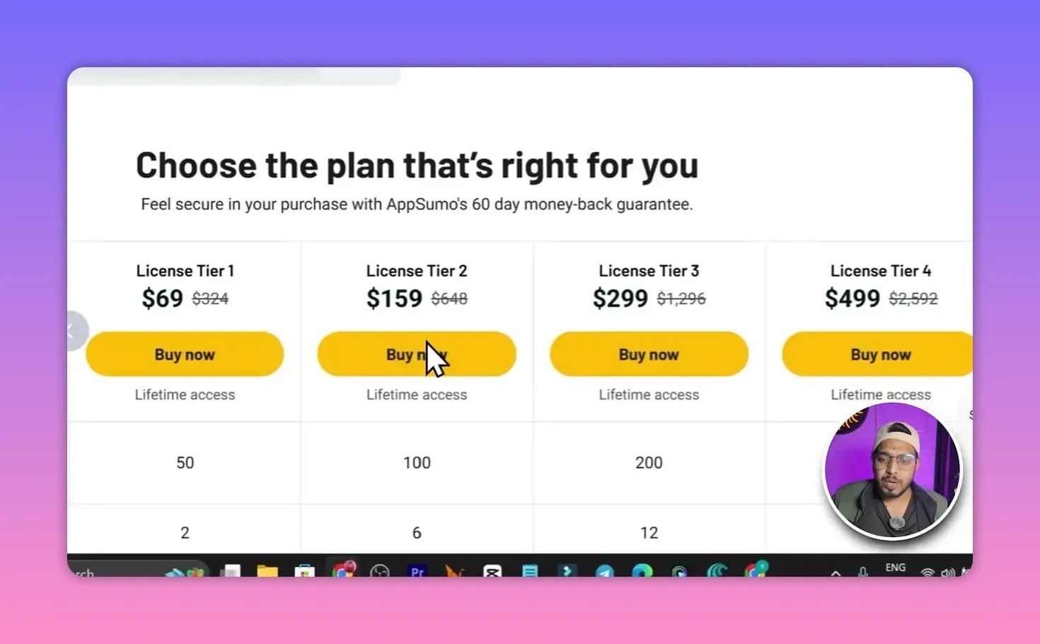 Close-up of AppSumo pricing table showing License Tier 1 $69, Tier 2 $159, Tier 3 $299, Tier 4 $499 with Buy now buttons.