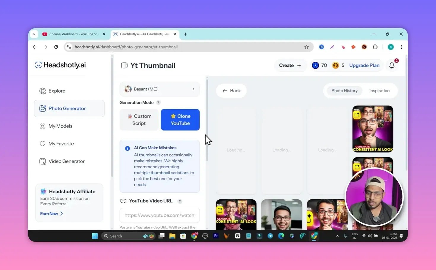 Clear Headshotly thumbnail generator showing generated thumbnail examples and Clone YouTube mode