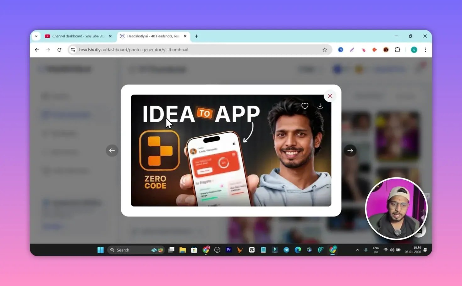 High-quality Headshotly thumbnail preview showing 'IDEA TO APP' sample thumbnail with presenter overlay