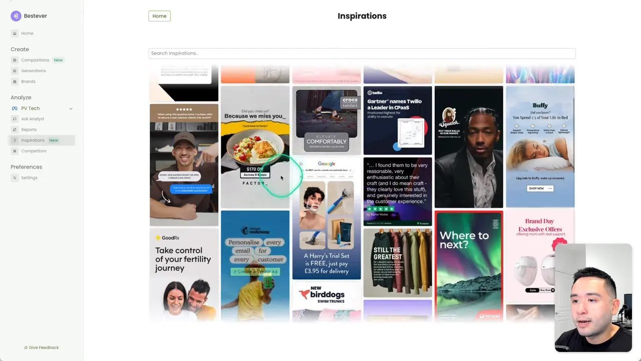 Bestever Inspirations grid showing a mosaic of ad thumbnails with the presenter's webcam inset.