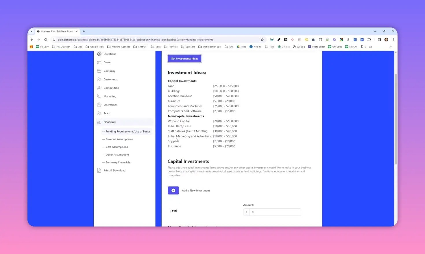 PlanPros Investment Ideas list showing capital and non-capital investment items with estimated dollar ranges