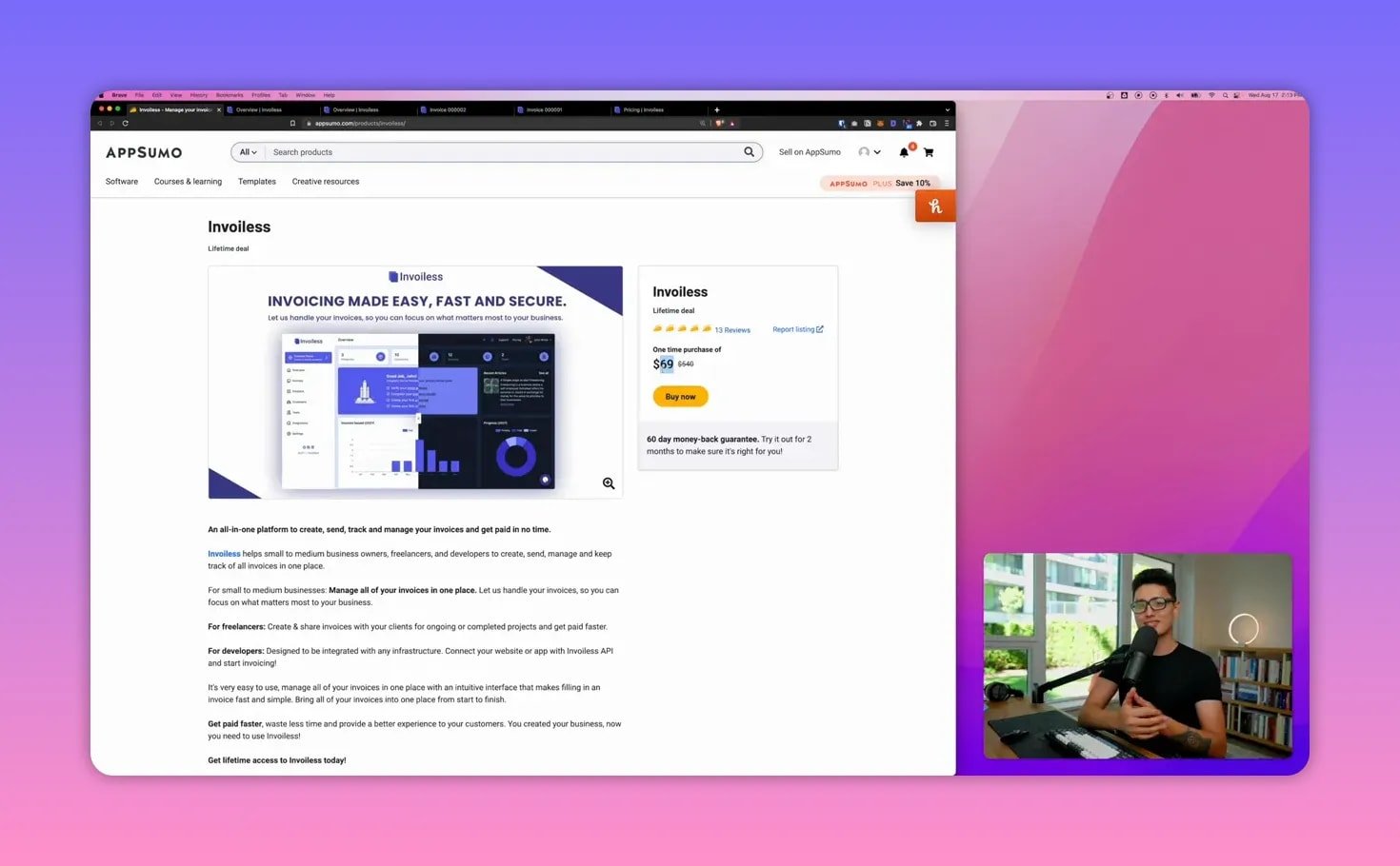 AppSumo Invoiless product page showing the product mockup, pricing panel and presenter webcam inset &mdash; clear and balanced