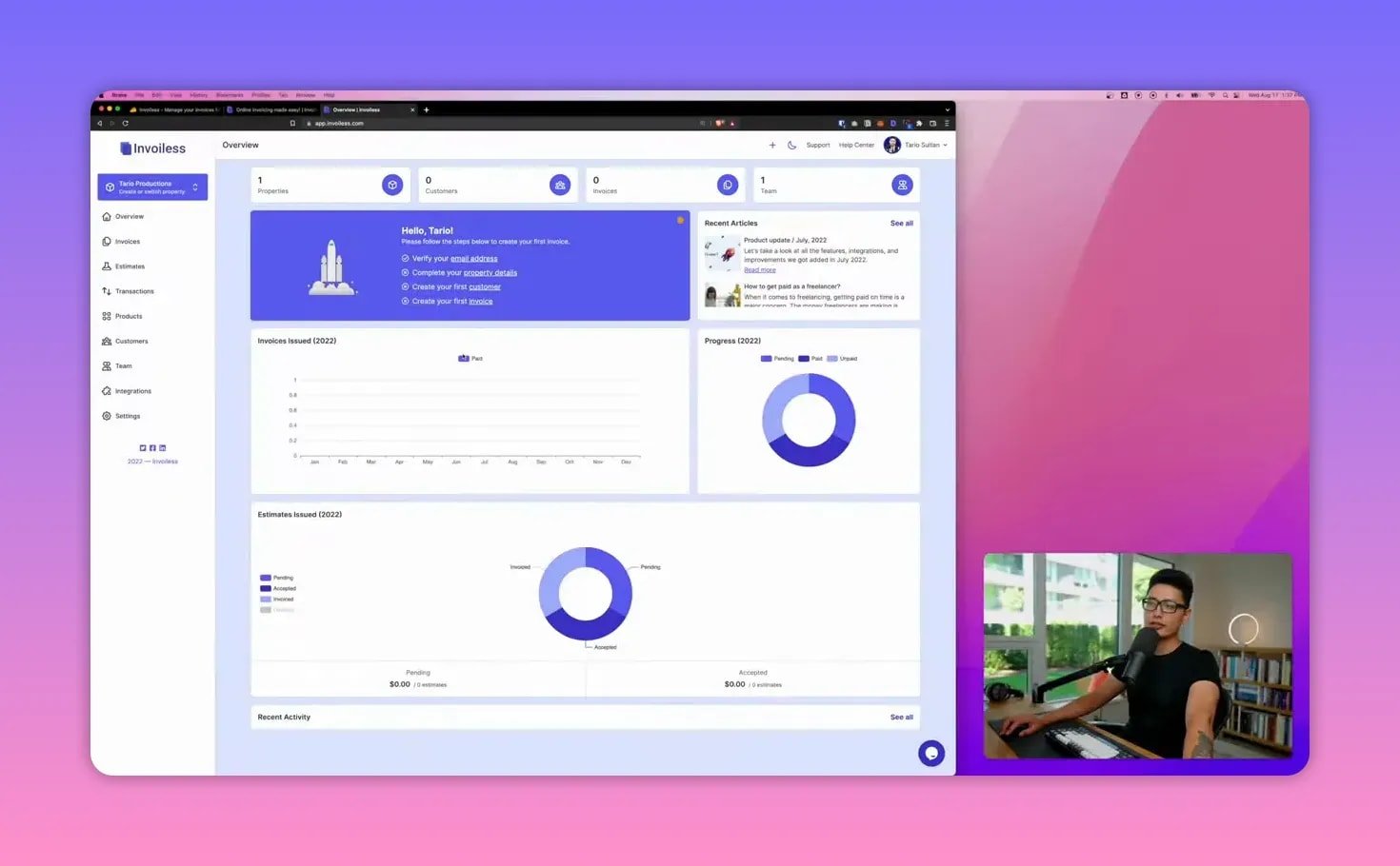 Clear screenshot of the Invoiless dashboard showing the sidebar, overview cards, charts and a presenter webcam