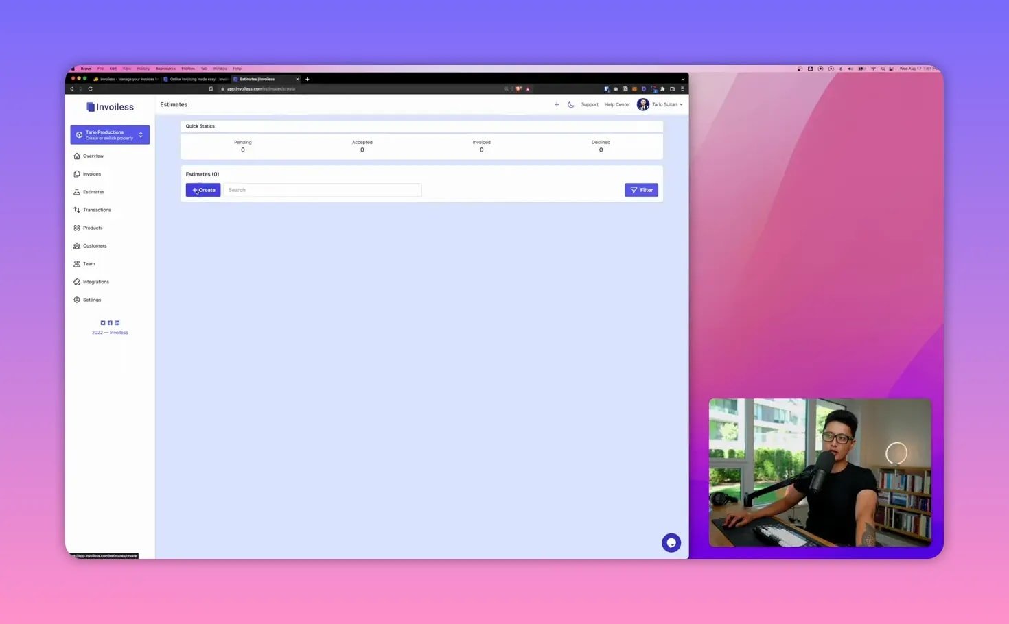Invoiless Estimates dashboard with the 'Create' button highlighted, ready to create a new estimate.