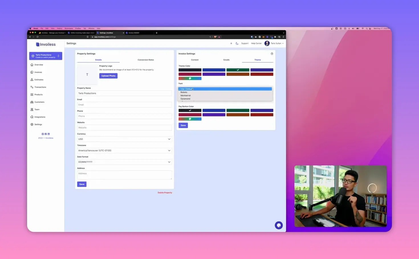 Invoiless settings showing the font dropdown open (Inter, Roboto, Montserrat), theme color swatches and pay button color options.