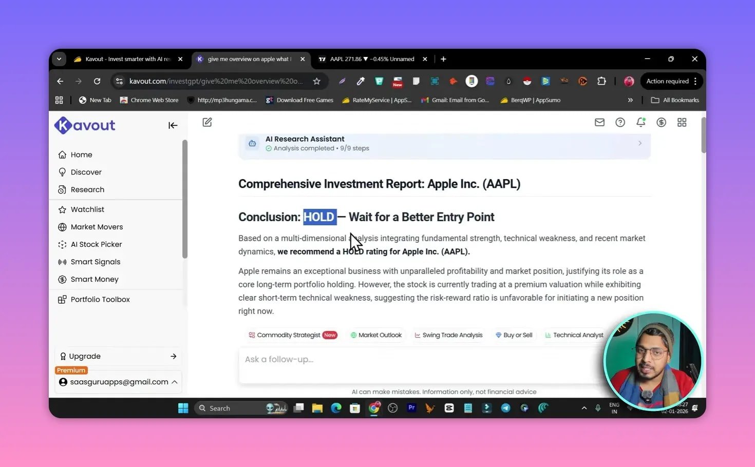Crisp Kavout page showing the Comprehensive Investment Report for Apple (AAPL) with the conclusion 'HOLD' and supporting explanation; presenter inset visible.