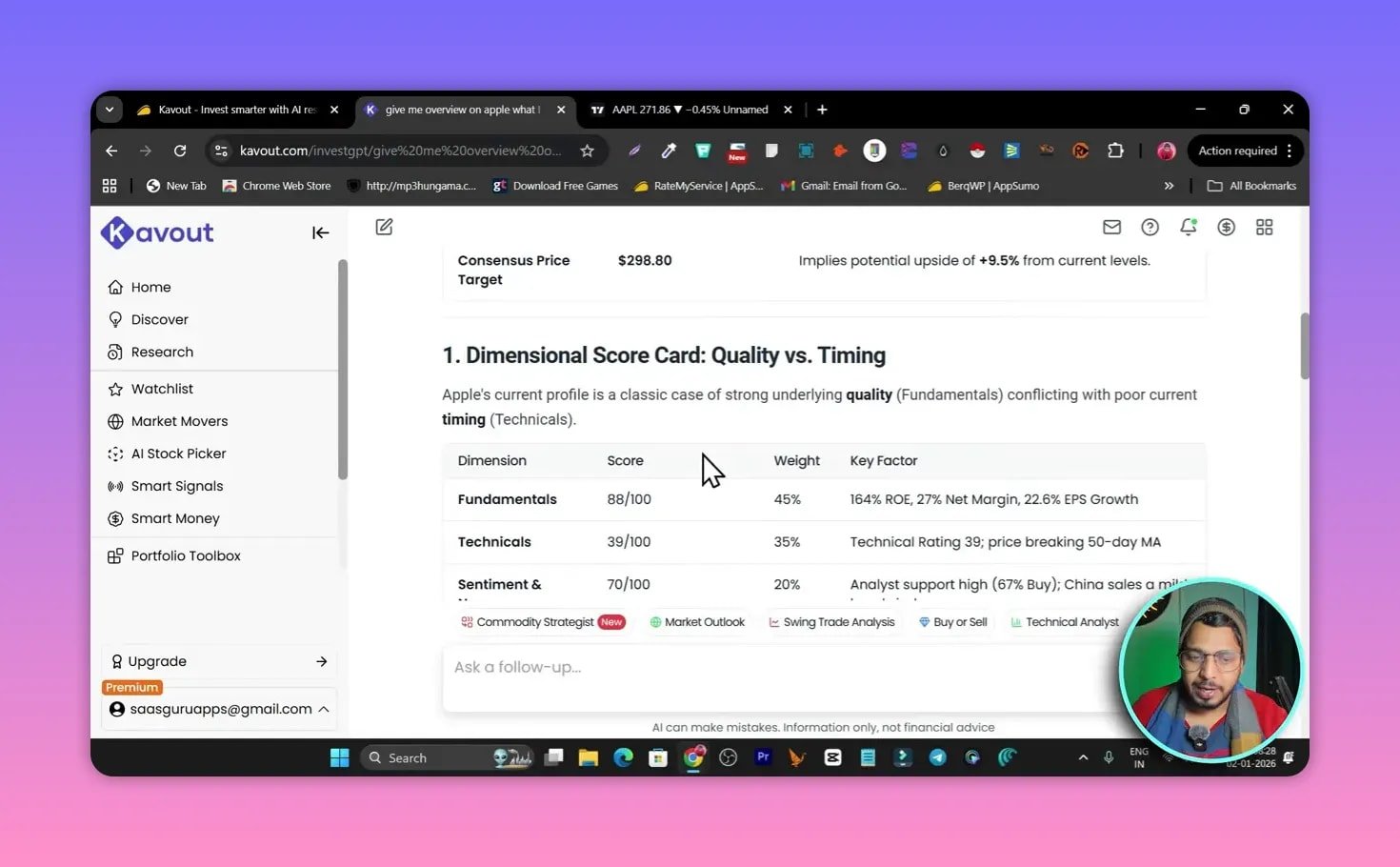Kavout Dimensional Score Card titled 'Quality vs. Timing' listing dimensions and scores (Fundamentals 88/100, Technicals 39/100, Sentiment 70/100) with weights and key factors.