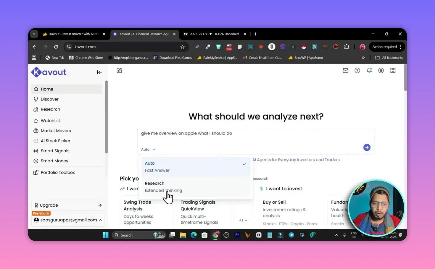 Kavout screen with dropdown menu selecting 'Research - Extended Thinking' for a user query