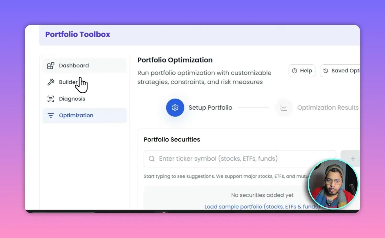 Kavout Portfolio Optimization page with 'Portfolio Optimization' header and 'Portfolio Securities' ticker input field to enter holdings.