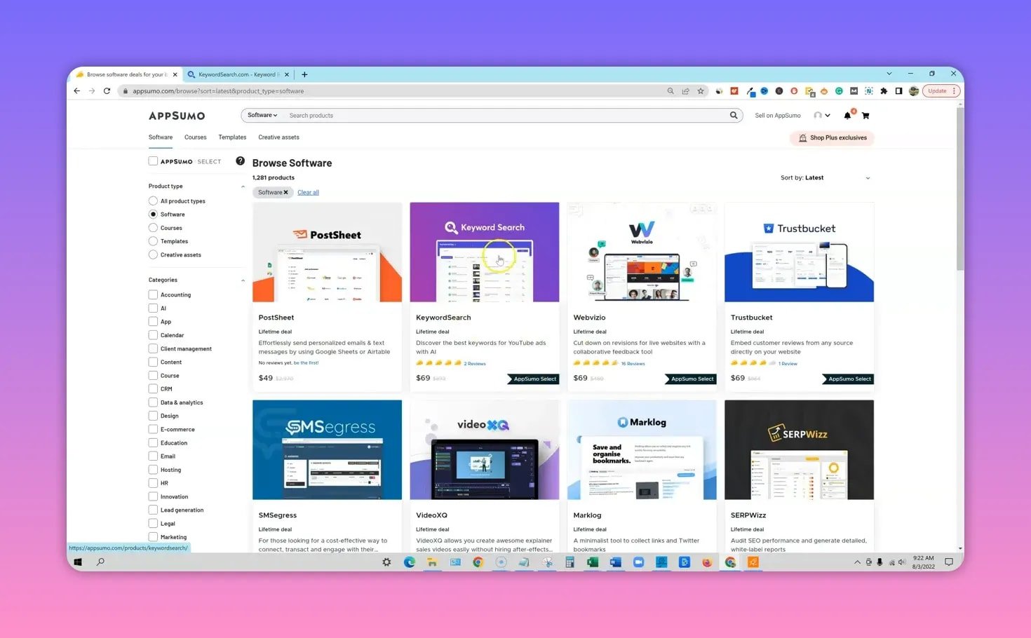 Clear AppSumo Browse Software screenshot with the KeywordSearch product card centered and legible, showing its purple preview image and listing details.