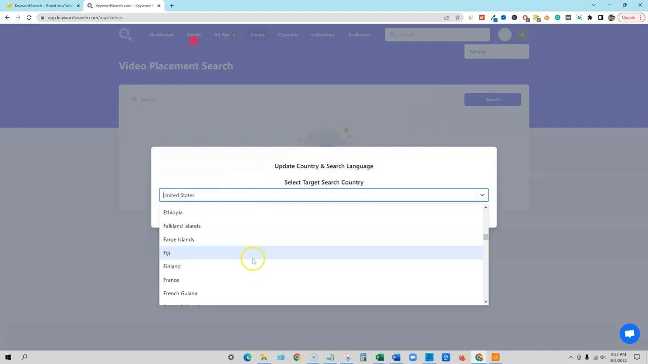 KeywordSearch 'Update Country & Search Language' dropdown showing a list of target search countries (United States, Ethiopia, Fiji, etc.).