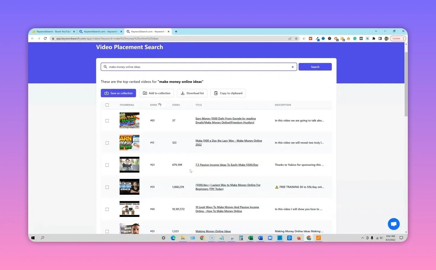 Clear view of KeywordSearch's Video Placement Search showing ranked videos, thumbnails, views and titles for the keyword 'make money online ideas'.