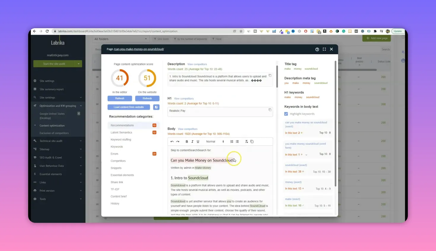 Clear view of Labrika content optimizer showing the page body editor with the headline 'Can you Make Money on Soundcloud?', H1 field and keyword suggestions.