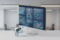 Isometric illustration of an AI SEO dashboard with charts, a crawling robot scanning a webpage and a gold infinity badge representing a lifetime deal