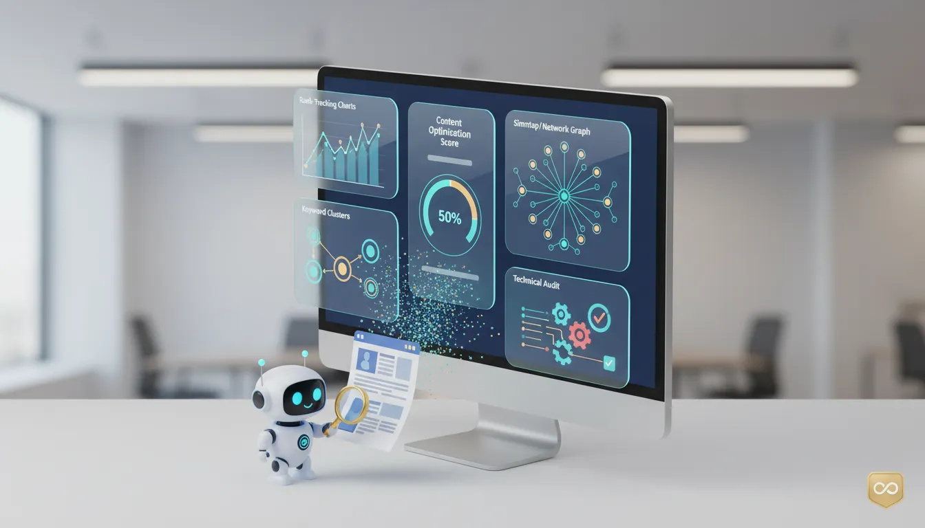 Isometric illustration of an AI SEO dashboard with charts, a crawling robot scanning a webpage and a gold infinity badge representing a lifetime deal