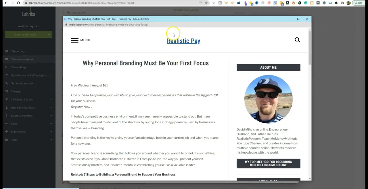 Labrika dashboard with an overlay preview of the article 'Why Personal Branding Must Be Your First Focus' showing the site analysis interface and left navigation.