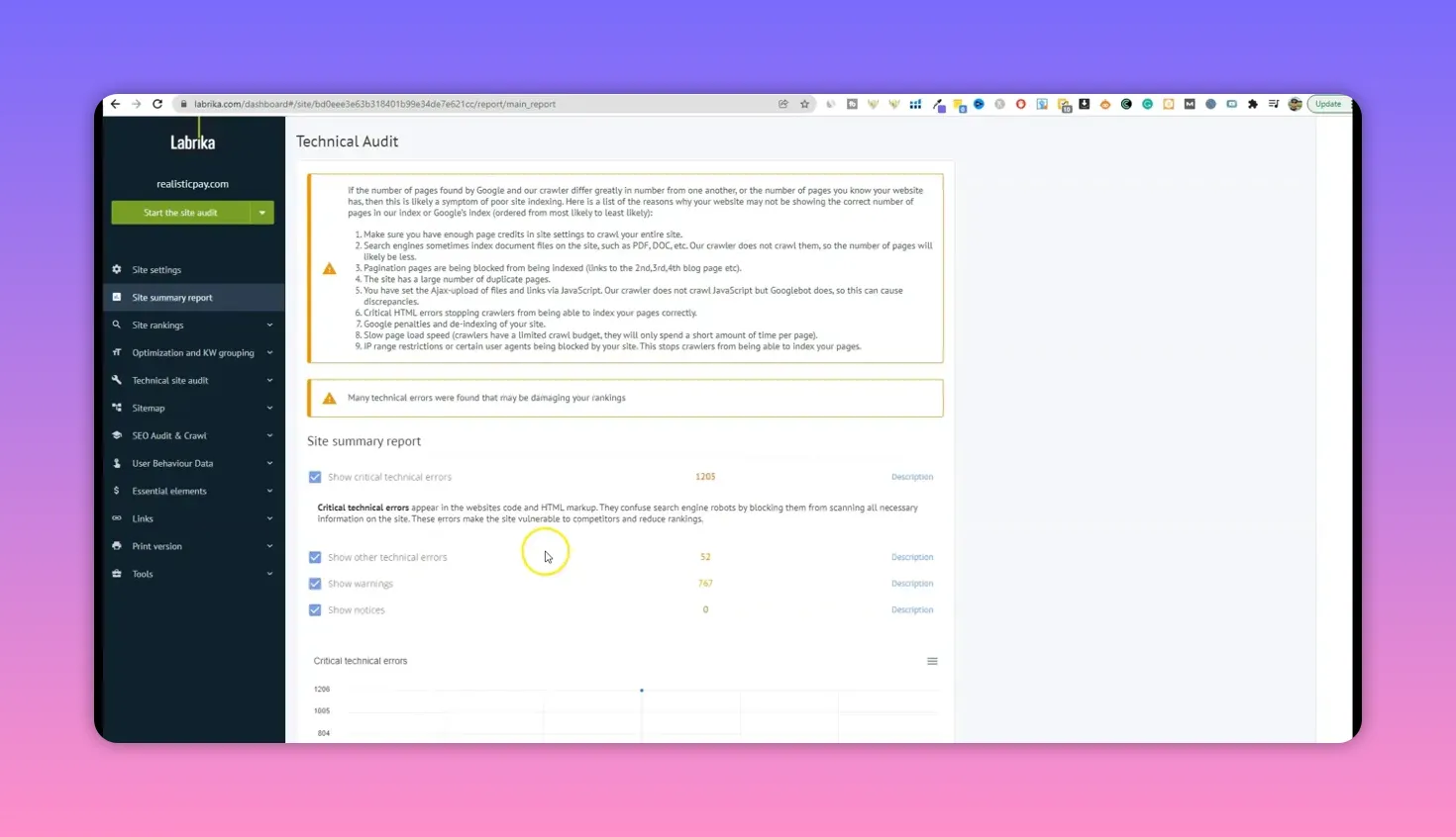 Labrika site summary report displaying critical technical errors, other technical errors, warnings and their numeric counts (e.g., 1205, 52, 767).