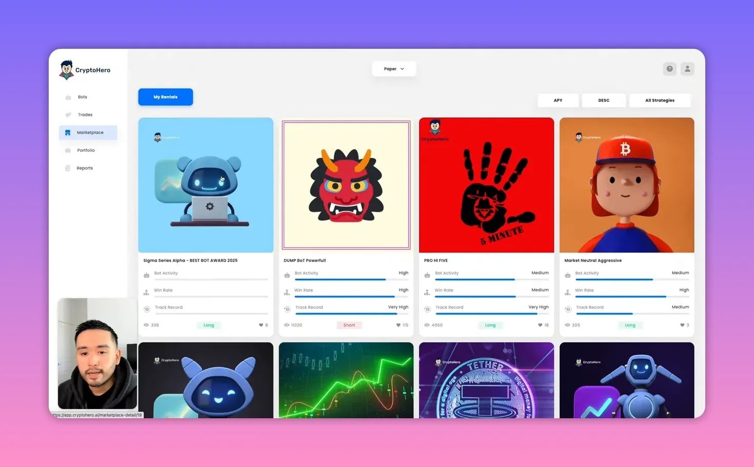 CryptoHero marketplace showing rentable bot cards with win rate, activity and track record