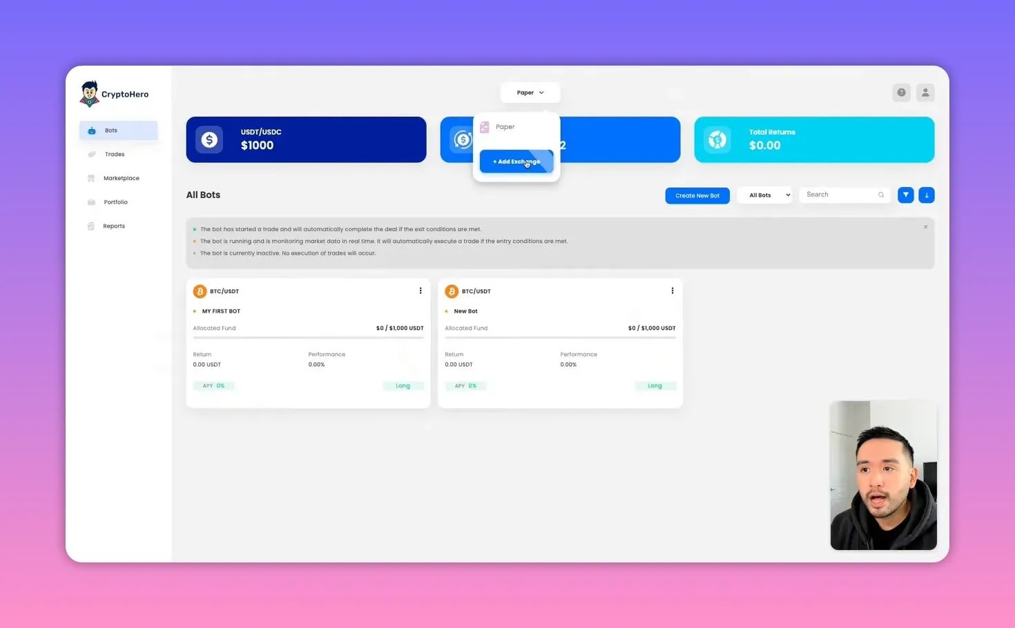 CryptoHero interface with the 'Paper' dropdown open and a highlighted '+ Add Exchange' button on the All Bots dashboard.