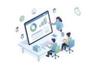 planpros-ai-lifetime-deal-business-plan-financial-projections Isometric illustration of a SaaS dashboard on a laptop showing business plan charts and financial projections with people collaborating and community icons, representing PlanPros.ai lifetime deal for generating business plans and financial forecasts