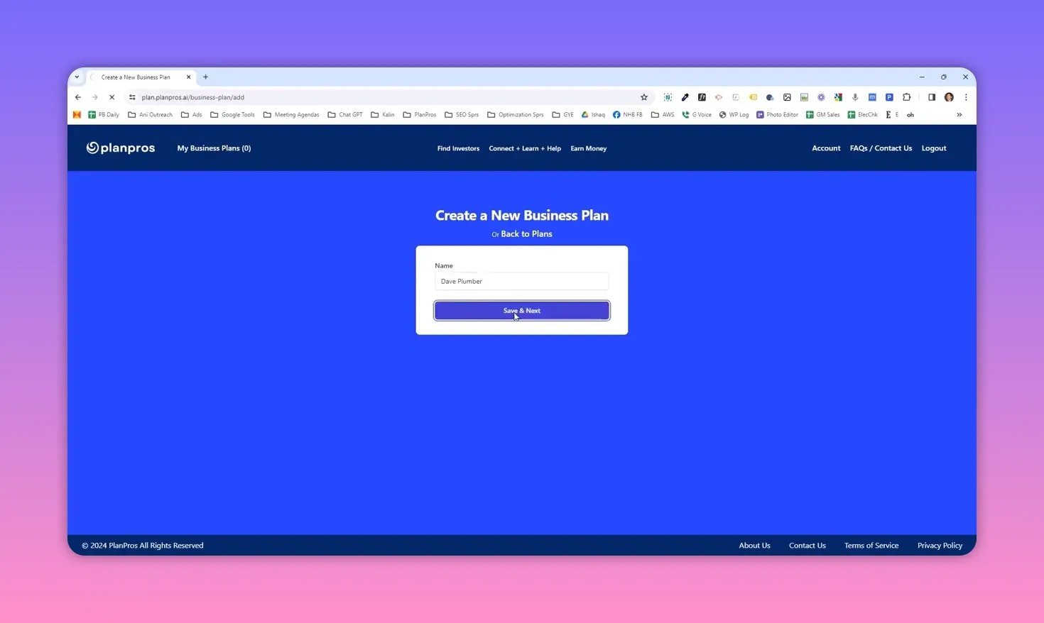 PlanPros 'Create a New Business Plan' page showing a filled name field and the Save & Next button