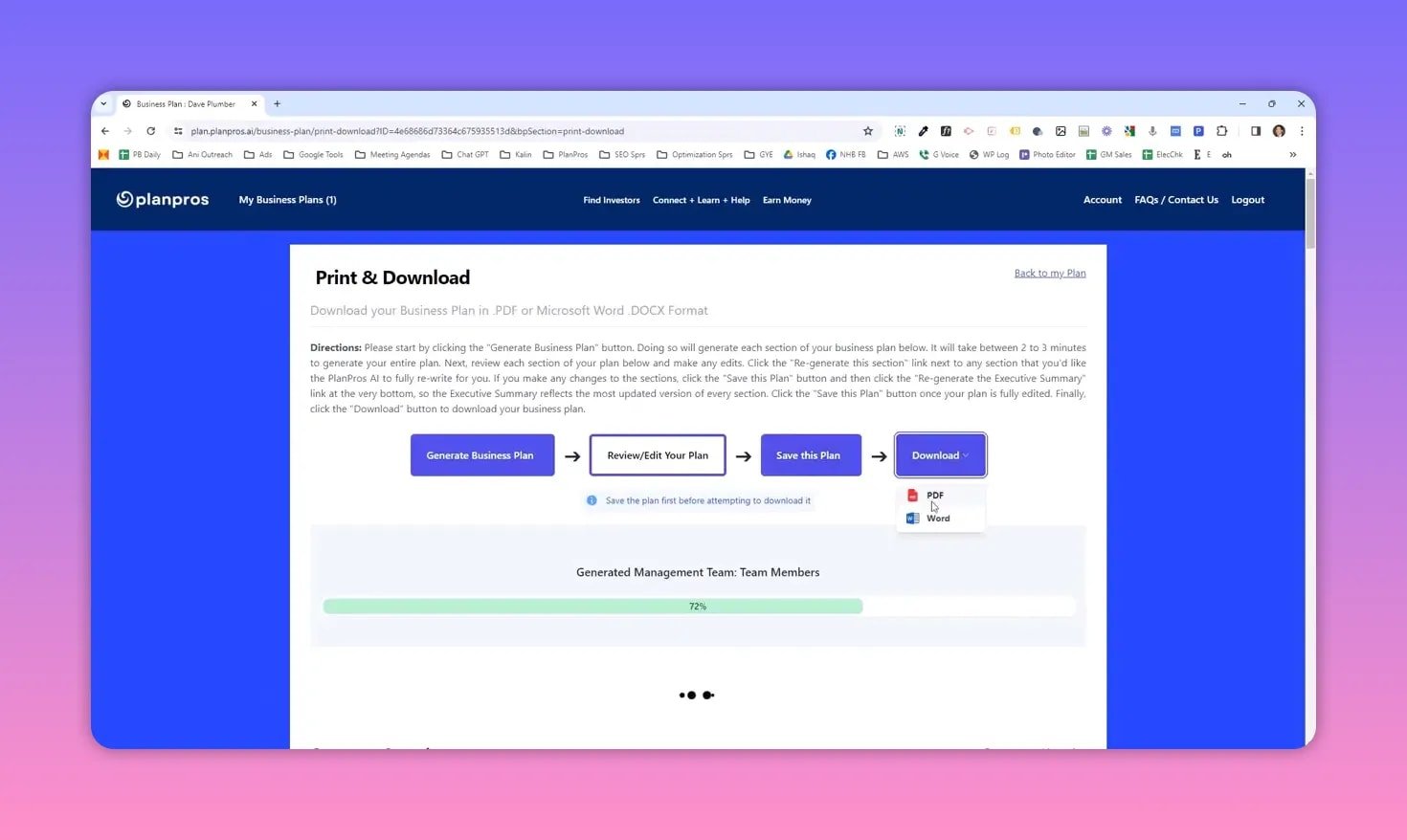 PlanPros Print & Download screen with the Download dropdown open showing PDF and Word export options and a generation progress bar below.